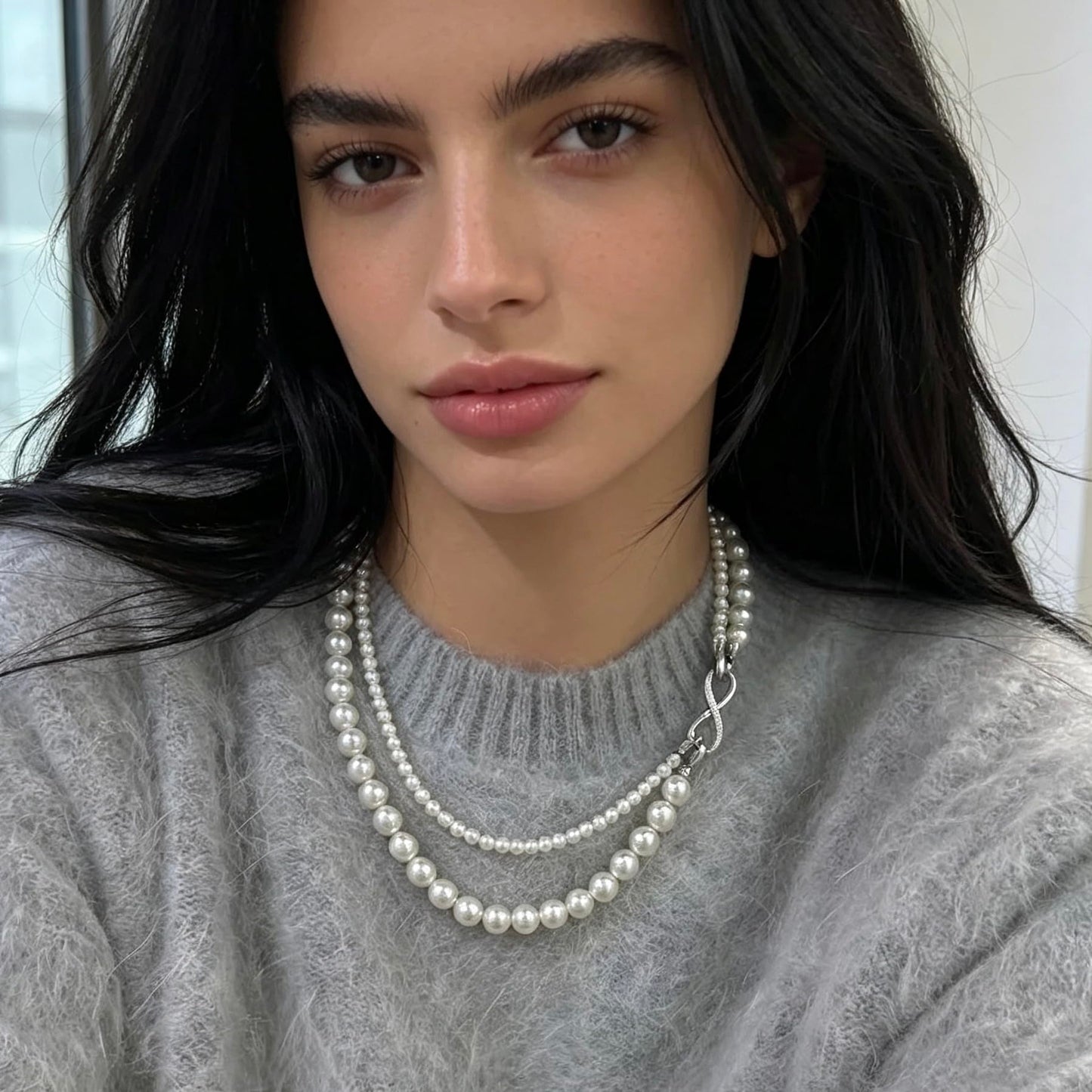 SukAmi 4-8mm White Pearl Necklace Women Layers Pearl Necklace Big Small Pearl Choker Infinity Pearl Necklaces Wedding Party Mother's Day Jewelry Gift 45cm