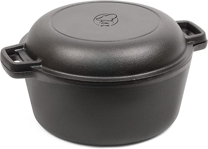 Commercial Chef 2-in-1 5-Qt. Dutch Oven with 10.25-Inch Skillet Lid, Pre-Seasoned Cast Iron, Works on All Cooktops Including Induction, Outdoor Cookware for Campfires or Grills, CHFL508