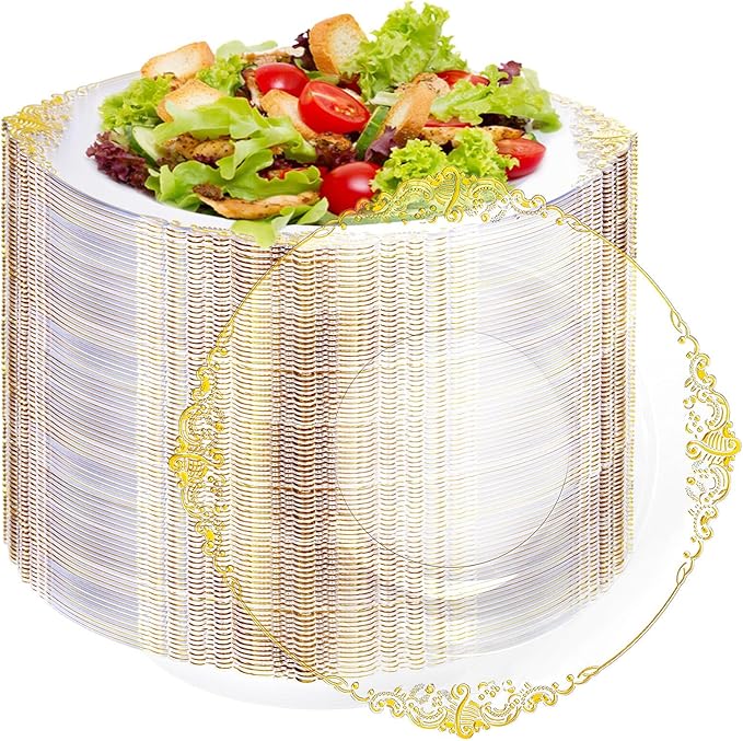100PCS Clear Gold Plastic Bowls - 12 oz Clear Disposable Salad Bowls - Heavy Duty Disposable Soup Bowl - Fancy Plastic Ice Cream Bowl for Weddings, Thanksgiving Parties, Dinners, Picnics,