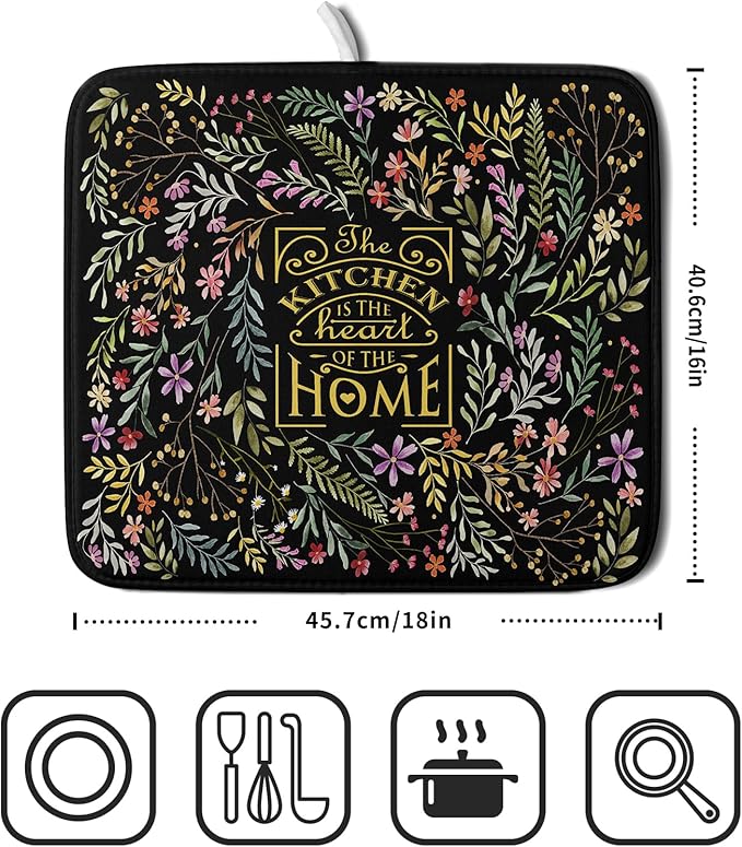 Absorbent Dish Drying Mat Colorful Flowers Microfiber Pad for Kitchen Counter Coffee Bar Decor 16" X 18"