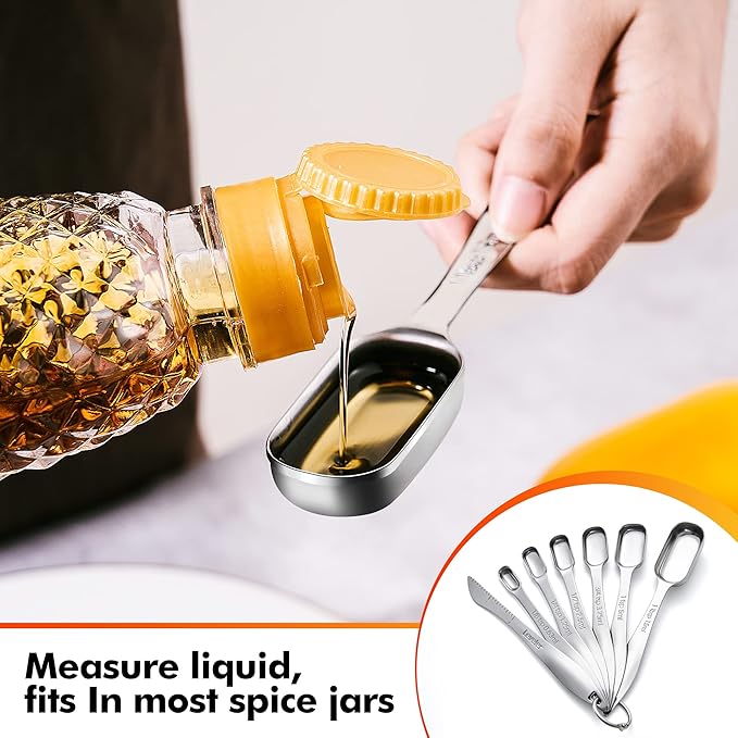 Rainspire Heavy Duty Measuring Spoons Set Stainless Steel, Metal Measuring Cups and Spoons Set for Dry or Liquid, Fits in Spice Jar, Home Gadgets Kitchen Gadgets, Set of 7 Including Leveler