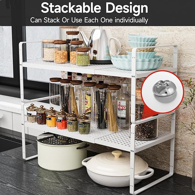 2Pack Expandable Cabinet Shelf Organizers, Stackable Metal Shelves Extender for Kitchen Countertop Storage, Adjustable Spices Shelves Rack Stand for Cupboard Pantry, White