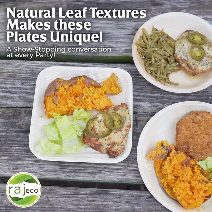 Raj Palm Leaf Plates Plates like Bamboo plates Disposable, Decorative Compostable Tableware for wedding, Lunch, Dinner, Birthday, Camping, Outdoor BBQ, Picnic (9.5"x50 7"x50 (100 Pack))