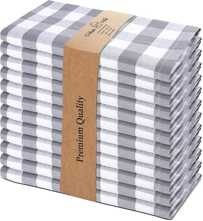 Urban Villa Cotton Dinner Napkins Set of 6, Highly Absorbent 20x20 Inches Premium Cloth Napkins Hotel Quality Reusable & Washable Table Dinner Napkins for Home & Weddings - Grey/White, Checks