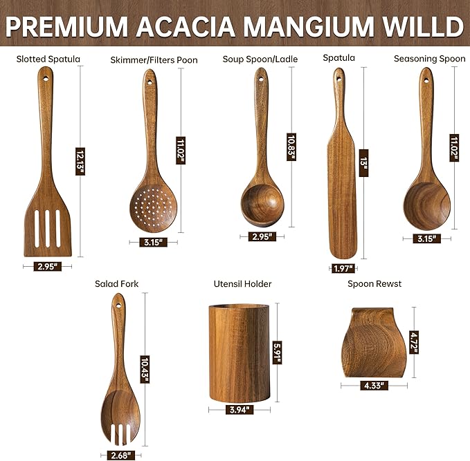 Wooden Utensil Set 8 Pcs - Natural Non-Toxic Acacia Wooden Spoons for Cooking, Nonstick, Sturdy, Non-Scratch, Easy to Clean, Wood Kitchen Utensils Set with Holder, Spoon Rest & 6 Hooks