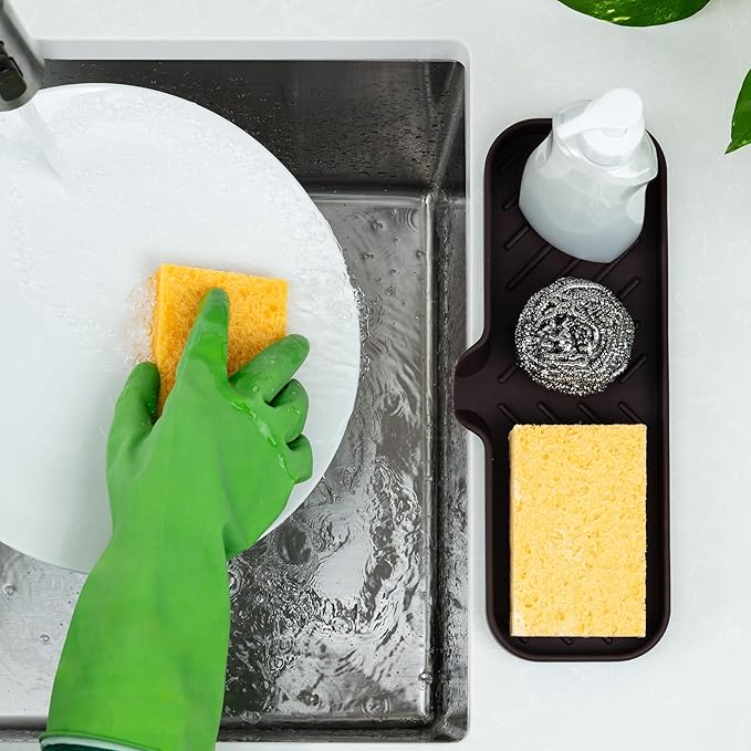 Zulay Kitchen Large Silicone Sponge Holder (12x4) – Flexible Sink Organizer Tray for Kitchen & Bathroom – Multipurpose Soap Dish for Sponges, Makeup, Trinkets & More (Chocolate)