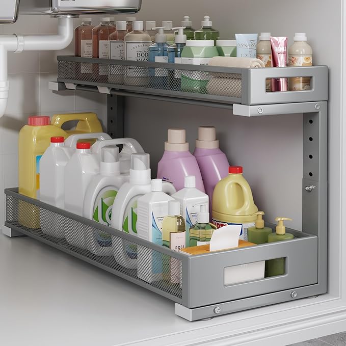 1 Pack 20.47IN Depth Under Sink Storage Organizer, Large 2-Tier Elegant Mesh Pull Out Shelf for Kitchen and Bathroom Cabinet Organization, L-Shaped and Adjustable Height Design-Gun Gray