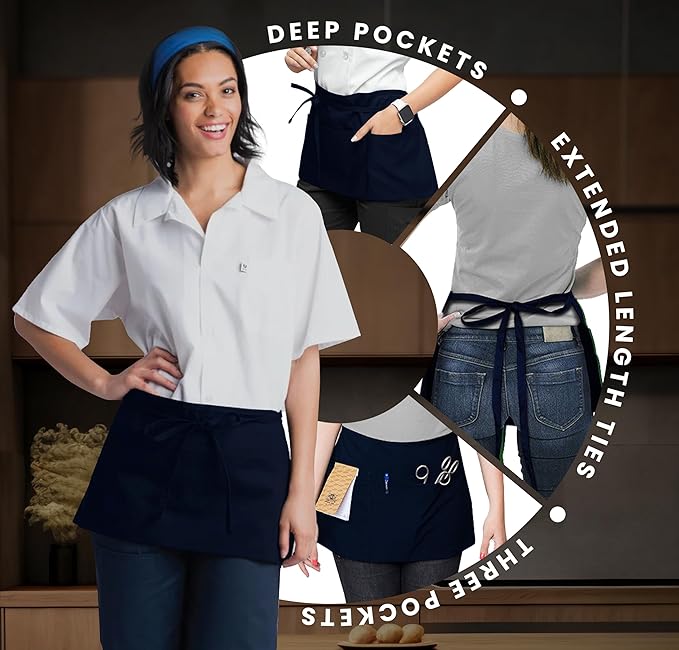 Avalon Kitchen Server Aprons with 3 Pockets, 100% Polyester Waist Apron with Pockets, 24x12 Inche Waitress Apron with Pockets