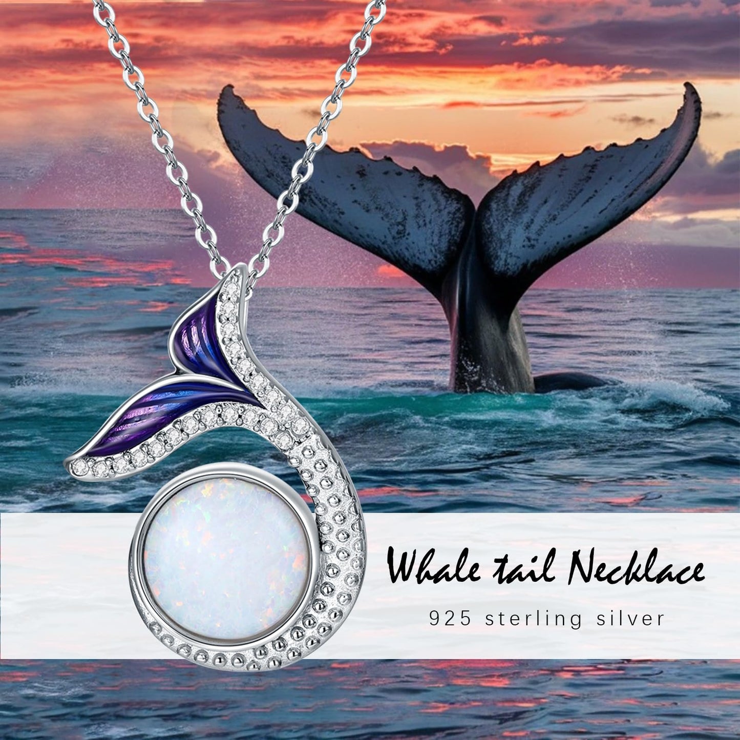 KoyeKei Whale Tail Necklace for Women 925 Sterling Silver Whale Necklace Ocean Beach Themed Opal Pendant Jewelry Graduation Gifts for Girlfriend Wife Sister