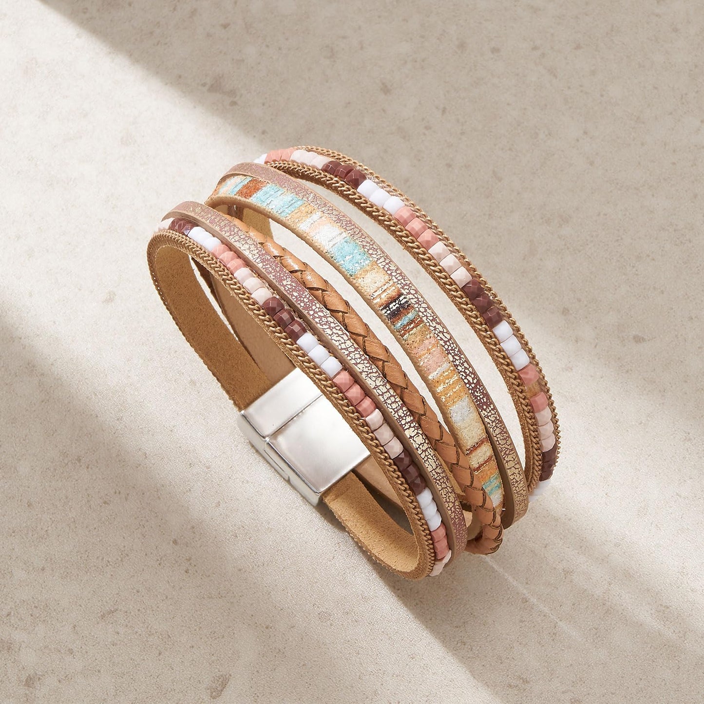 QIUTIMIY Leather Bracelets for Women Trendy Boho Cuff Bracelet Layered Bangle with Clasp Hand Wrist Jewelry Western(Style 1-Brown)