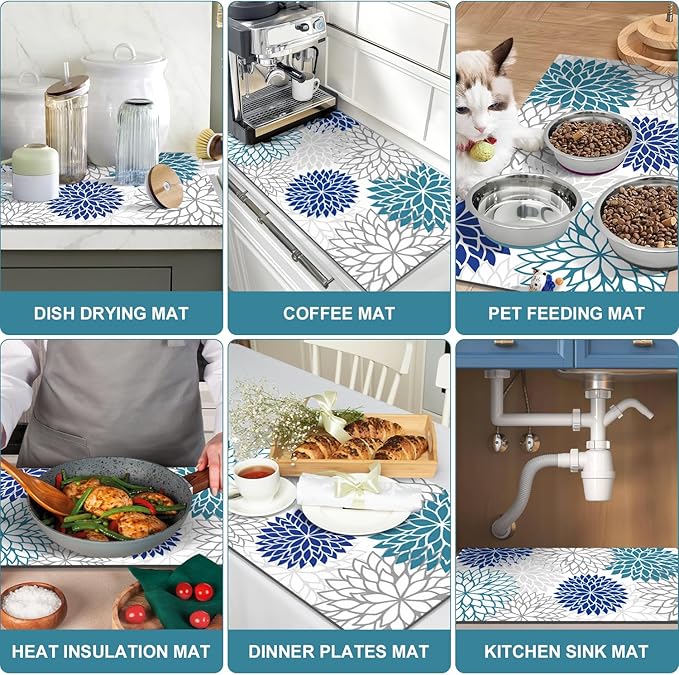 Findosom 2PCS 12" x 20" Dish Drying Mat & 24" x 5.5" Sink Splash Guard, Super Absorbent & Cuttable Dish Mat Drying Kitchen Mat with Blue Floral, Hide Stain Drying Mat for Kitchen Counter