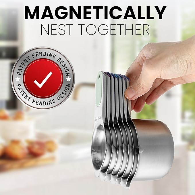 Spring Chef Magnetic Stainless Steel Measuring Cups, Patented, Kitchen Tools with Easy to Read Markings for Measuring Dry or Liquid Ingredients, Set of 7, Winter Frost