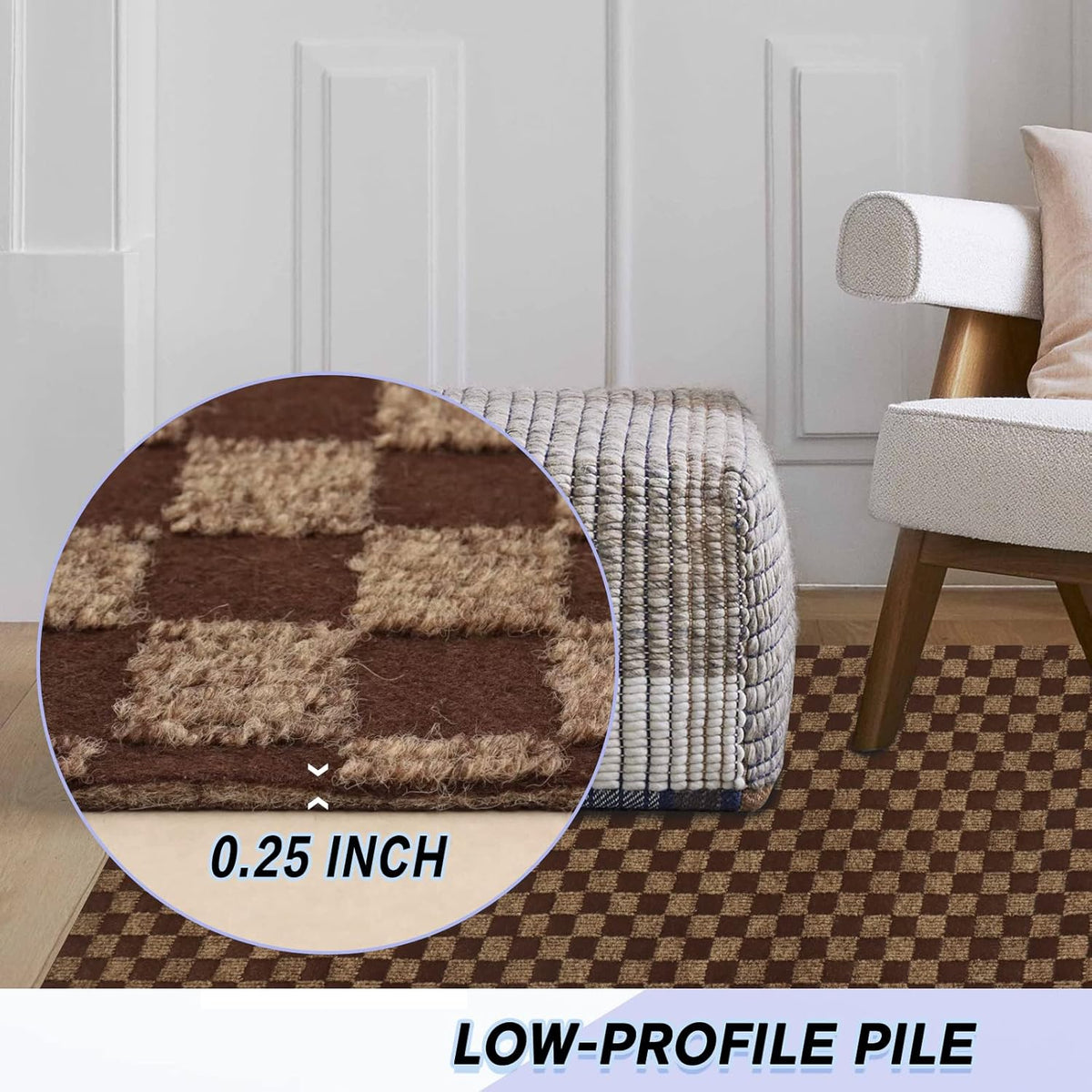 Custom Size Backed Non-Slip Area Rugs Runner, Easy Clean, Waterproof Runner Rugs for Hallway Entryway, Kitchen, Laundry, 4FT x 12FT, Brown Checkered