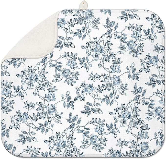 Floral Spring Large Dish Drying Mat for Kitchen Counter 18x24 Microfiber Absorbent - Foldable, Non-Slip, Compact Plant Leaves Kitchen XL Drying Mats for Dishes, Countertops, and Cookware