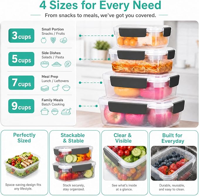 YORY 7 cup Plastic Food Storage Containers with Lids Nestable Freezer Dishwasher Safe Rectangle Meal Prep Container Set,5-Pack