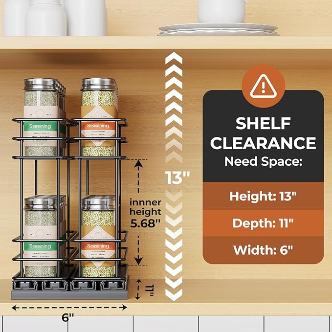 Mystozer Pull Out Spice Rack Organizer for Cabinet, Slide Out Spice Racks, Easy to Install Spice Cabinet Organizers, 5.28" Wx10.43 Dx8.26 H, 2 Drawers 2 Tiers(Black)