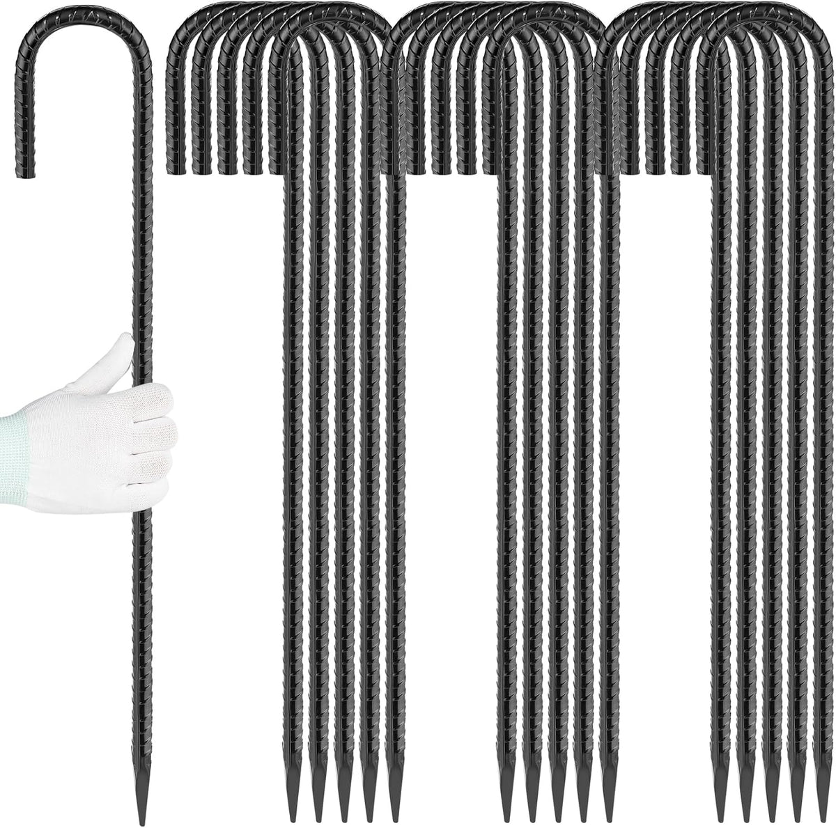24 inches J Hook Rebar Stakes (16-Pack), Extra Long Garden Stakes with Chisel Point End Steel Rebar Ground Stakes for Tent Chain Link Fence and Outdoor Decorations Black Coated
