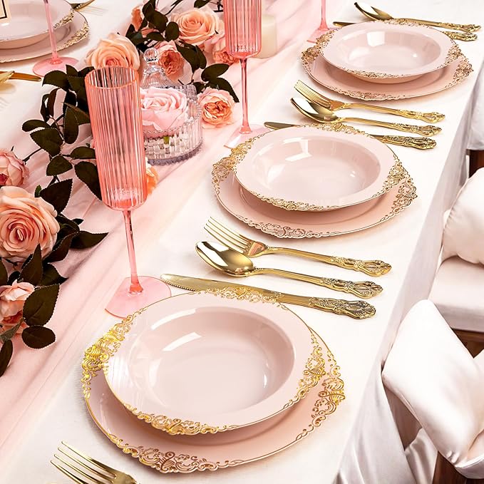 100PCS Pink Plastic Bowls - 12 oz Pink Gold Disposable Salad Bowls - Heavy Duty Disposable Soup Bowl - Fancy Plastic Ice Cream Bowl for Weddings Parties Dinners Picnics