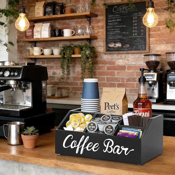 Coffee Station Organizer for Countertop, Wood Coffee Bar Organizer for Farmhouse Coffee Bar Decor, Tea Condiment Storage Organizer, Coffee Pod Holder and Coffee Bar Accessories