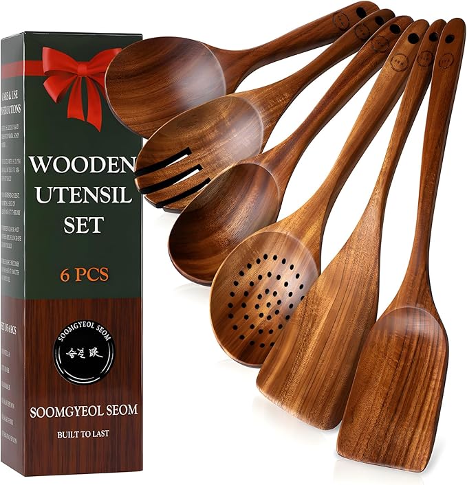 6-Piece Natural Teak Wood Utensil Set - Compact Nonstick Cooking Spoons & Spatulas, Durable Wooden Tools