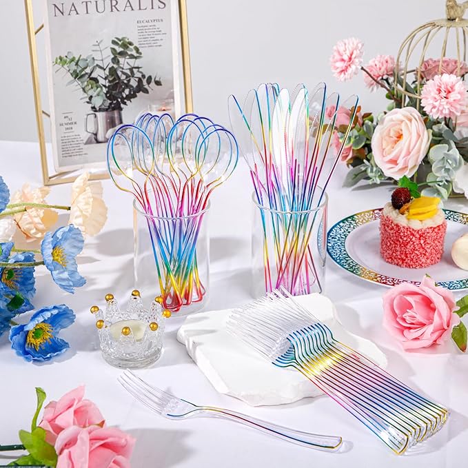 Supernal 120 PCS Clear Plastic Silverware Heavy Duty - Disposable Utensils Rainbow Colorful Silverware Set Include 40 Forks, 40 Knives and 40 Spoons for Trolls/Birthday Party, Baby Shower Decorations