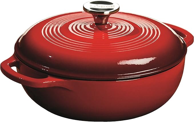 Lodge 3 Quart Enameled Cast Iron Dutch Oven with Lid – Dual Handles – Oven Safe up to 500° F or on Stovetop - Use to Marinate, Cook, Bake, Refrigerate and Serve – Island Spice Red