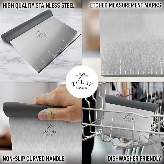Zulay Premium Multi-purpose Stainless Steel Bench Scraper & Chopper, Easy to Read Etched Markings for Perfect Cuts, Quick & Easy Multi-use Dough Scraper, Dough Cutter & Pastry Scraper (Gray)