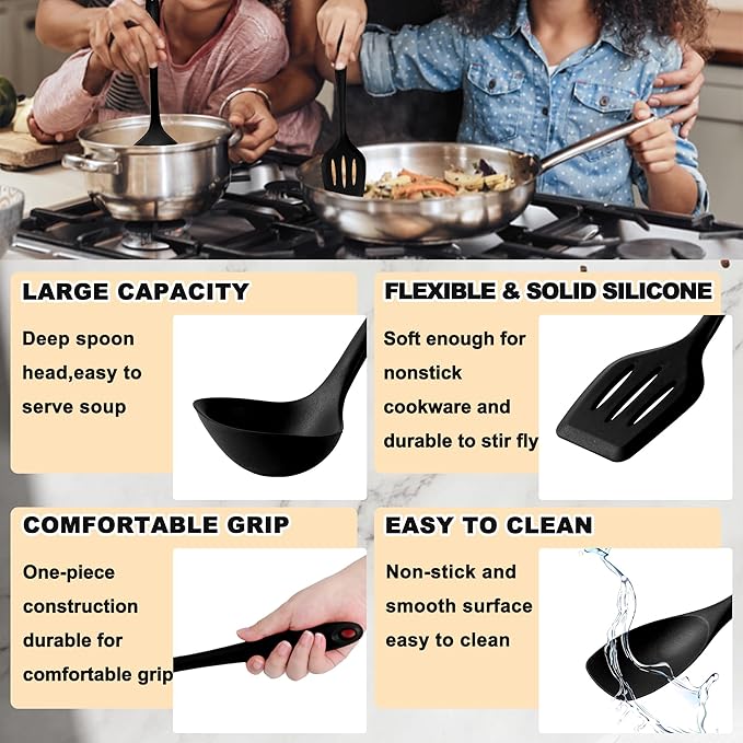 E-far 10 Pieces Silicone Cooking Utensils Set, Heat Resistant Kitchen Utensil Set for Nonstick Cookware, Kitchen Cooking Tools with Spatula, Spoon, Slotted Turner, Non-Toxic & Dishwasher Safe (Black)