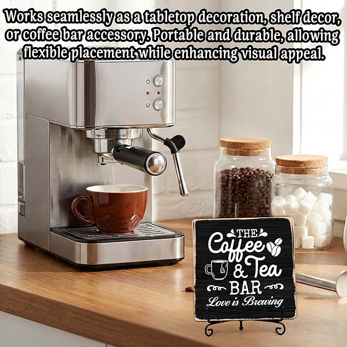 Coffee Bar Sign, Love is Brewing Farmhouse Tabletop Decor, Coffee and Tea Lover Gifts, 5x5 Wood Plaque with Iron Stand for Home Kitchen Cafe, Coffee Bar Decor – L01