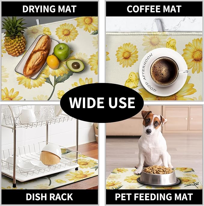 Yellow Sunflower Dish Drying Mat for Kitchen Counter Summer Daisy Floral Dishes Pad Farmhouse Flower Dish Draining Microfiber Absorbent Dish Drainer Rack Mat Large Extra Large 18x24 Inch