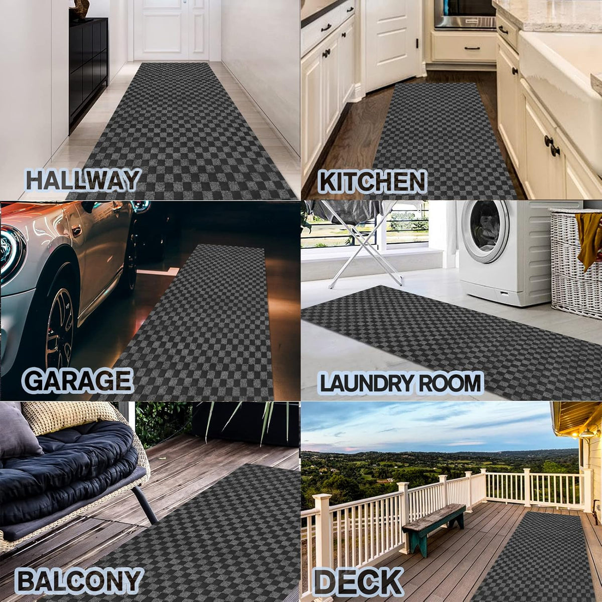 Custom Size Backed Non-Slip Area Rugs Runner, Easy Clean, Waterproof Runner Rugs for Hallway Entryway, Kitchen, Laundry, 3FT x 65FT, Gray Checkered