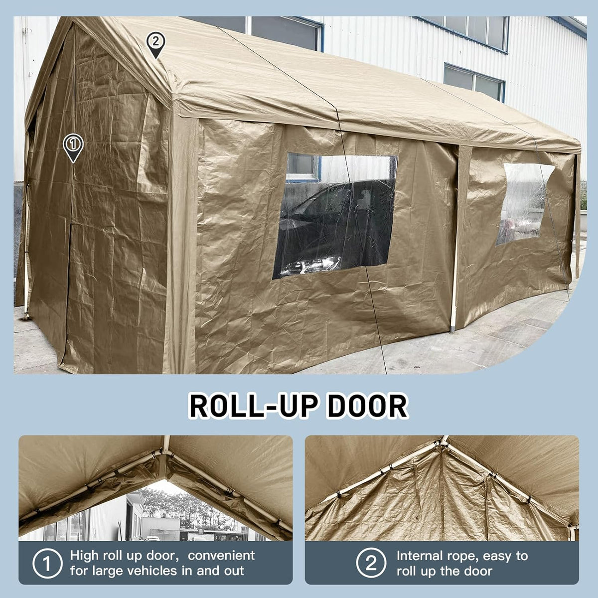 Car Canopy Portable Garage Duty Carport with Roll-up Windows,Portable Garage with Removable Sidewalls & Doors, Car Canopy with All-Season Tarp for Car Boat Truck Motorcycle 10FT×20FT (Khaki)