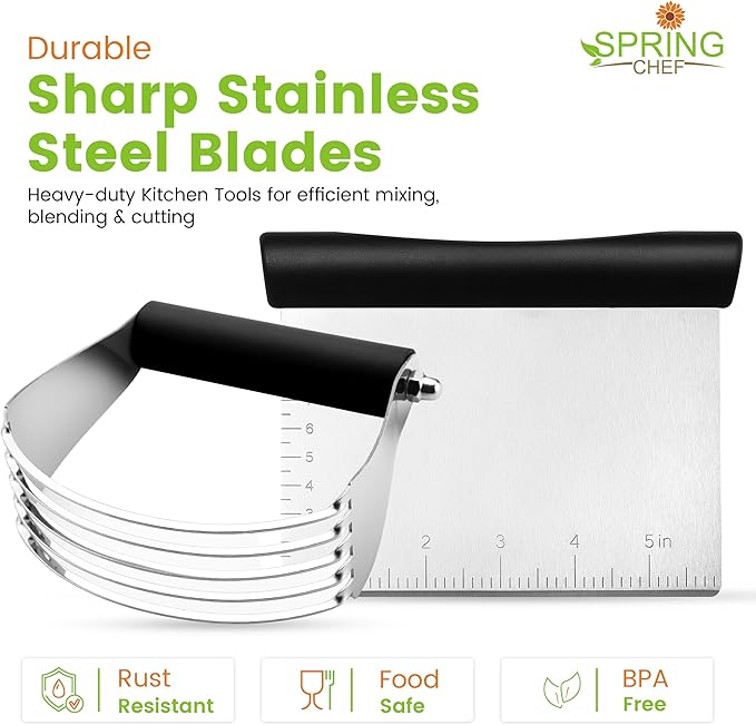 Spring Chef Dough Blender & Pastry Cutter Tool, Stainless Steel Pastry Blender & Bench Scraper for Pizza, Nut, Pie - Multipurpose Dough Cutter & Scraper Tool for Baking with Soft Grip Handles - Black