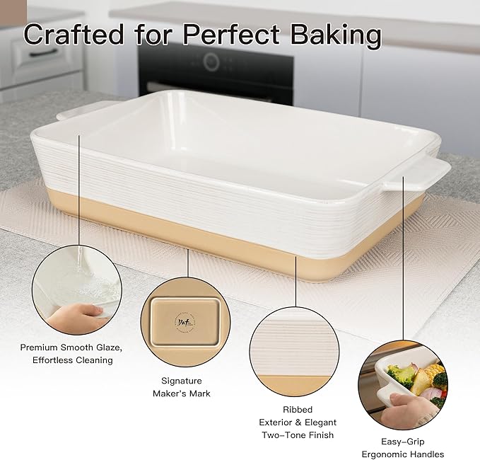 Dafuceramic Casserole Dish for Oven, 4.2 QT Baking Dish, 9x13 Large Porcelain Baking Pan, Durable Rectangular Lasagna Pan Deep with Handles, Microwave Oven Safe, Home Decor, Wedding Gift (Khaki & White)