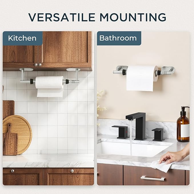 FORIOUS Paper Towel Holder Under Cabinet, One Hand Operable with Ratchet System for Easy Tear, Adhesive or Drill Wall Mount, SUS304 Commercial Paper Towel Holder for Kitchen Bathroom, Sliver