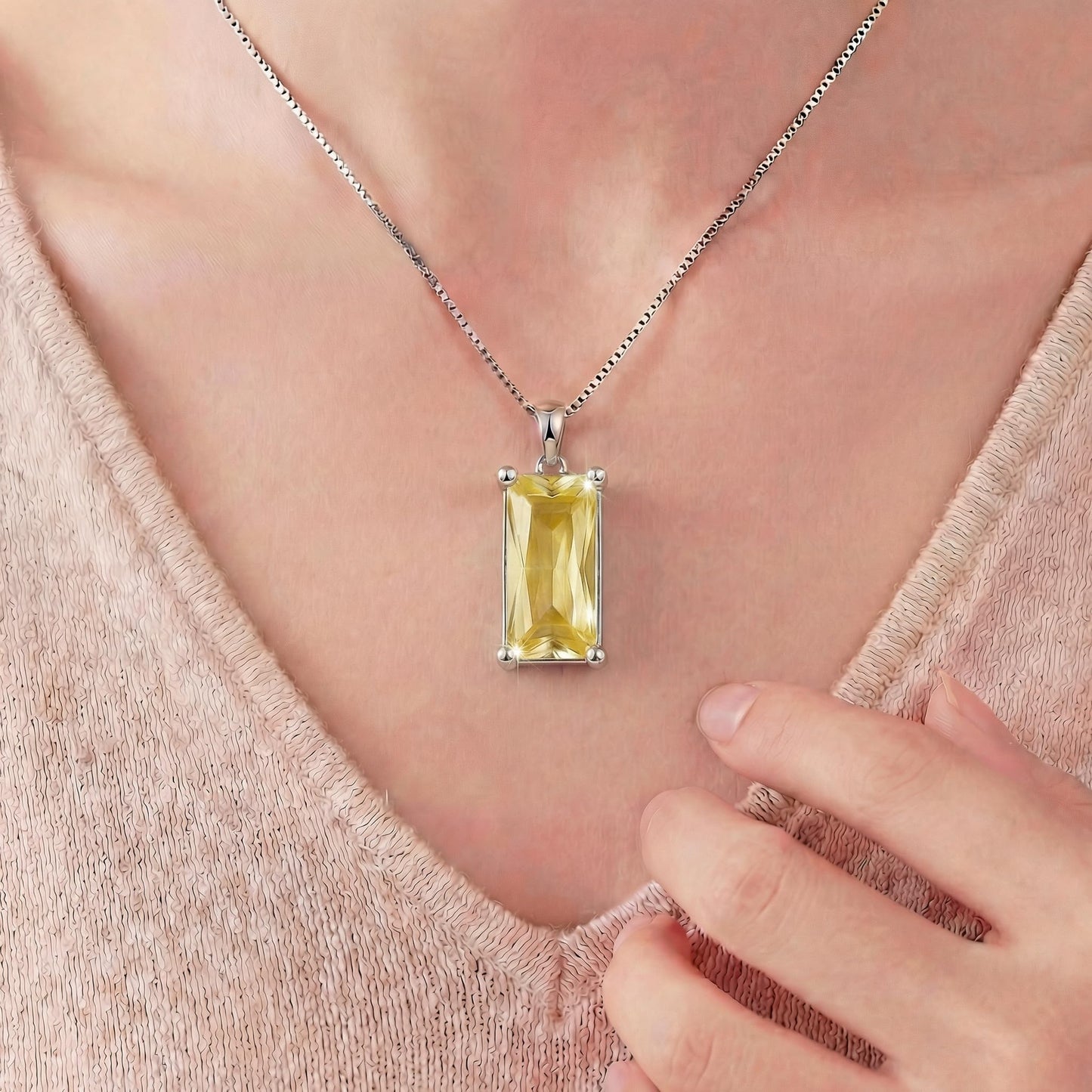 Kuschelkatze 8mm x 16mm Square November Birthstone Citrine Pendant Necklace – Fashion charming Sterling Silver Gift for women