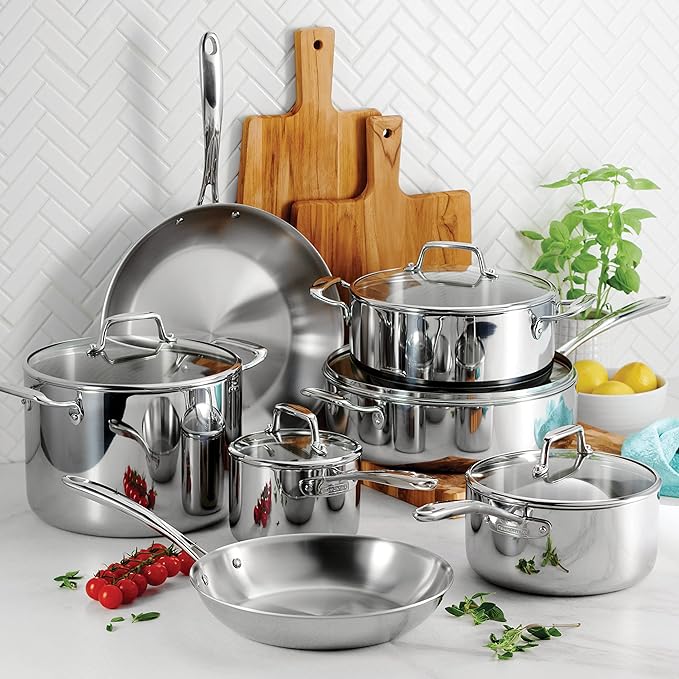 Tramontina Tri-Ply Clad Stainless Steel 12-Piece Cookware Set with Glass Lids, Pots and Pans Kitchen Set, Induction-Ready, Dishwasher-Safe, NSF-Certified