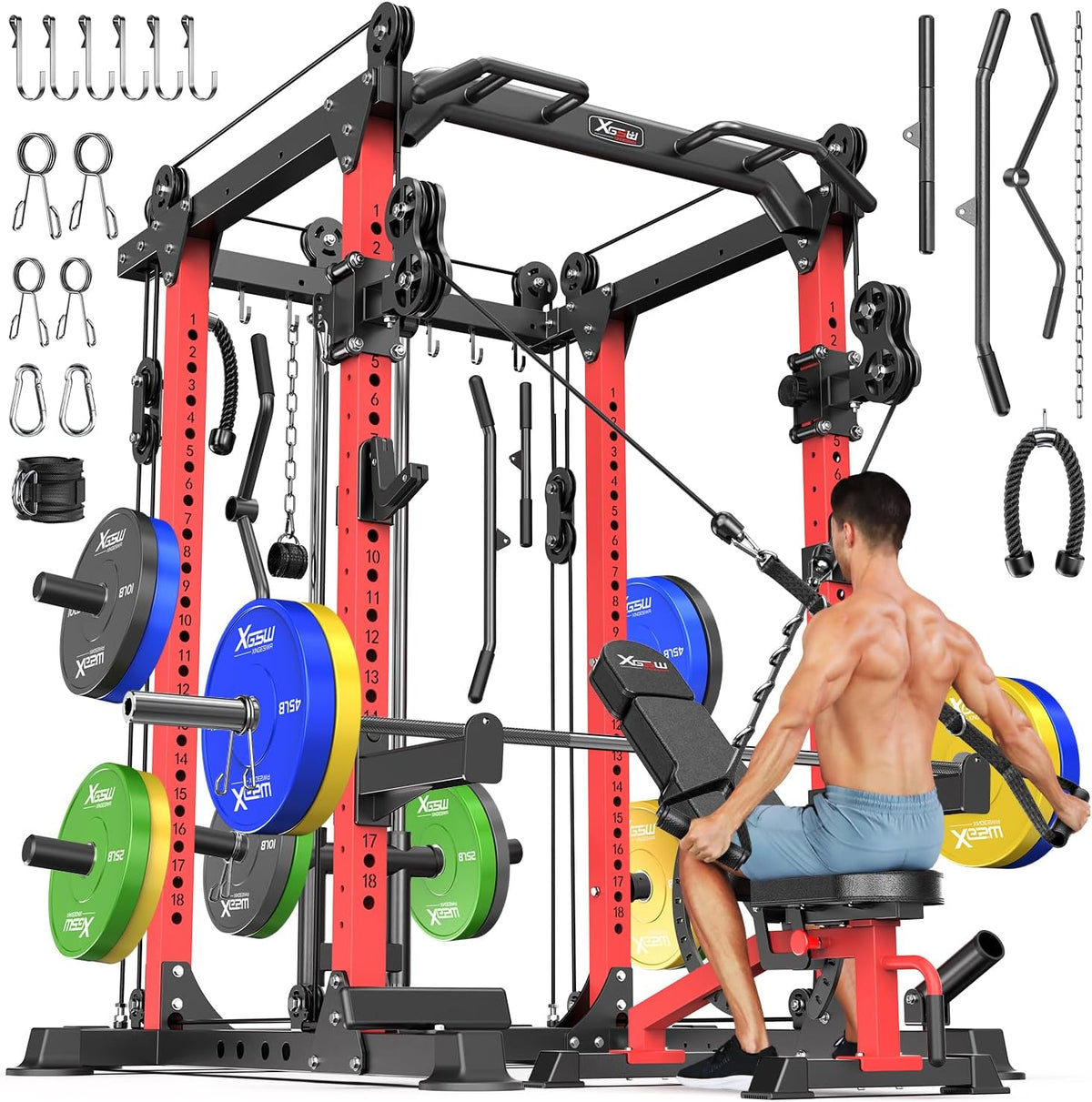 Power Cages Multi-Purpose Squat Rack with Cable Crossover System, Matching Weight Bench, Olympic Barbell Weight Set for Garage and Home Gyms