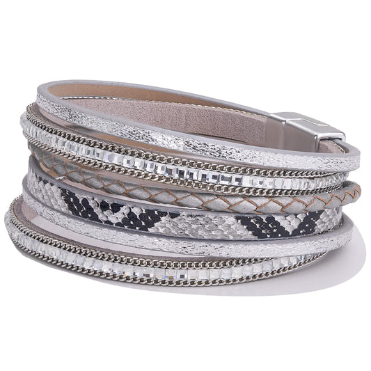 FANCY SHINY Boho Leather Wrap Bracelets Trendy Layered Bracelets with Magnetic Clasp Strackable Bohemian Cuff Jewelry Gifts for Women(Metallic Gray)