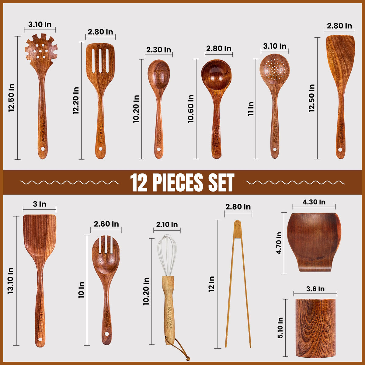 Renexas 12 Pcs Teak Wooden Spoons for Cooking– Non-Toxic, Non-Stick Kitchen Utensils Set Wood Spatulas with Hooks, Spoon Rest & Holder – Lightweight, Heat Resistant, Eco-Friendly.