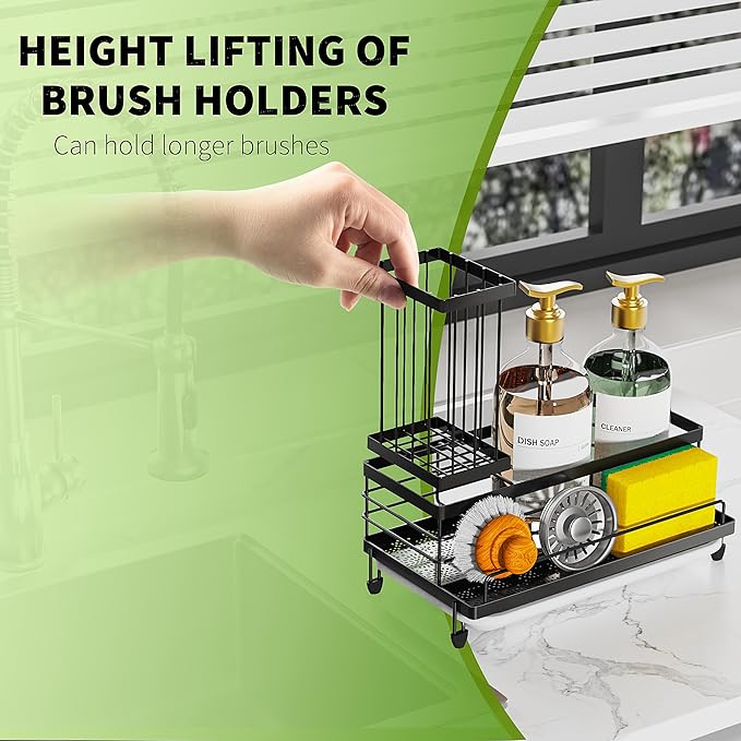 Cisily Large Capacity Kitchen Sink Caddy Organizer, Rustproof Non-Slip Sponge Holder With Dish Brush Holder Organizer, Kitchen Organization and Storage, Essentials Accessories for Countertop