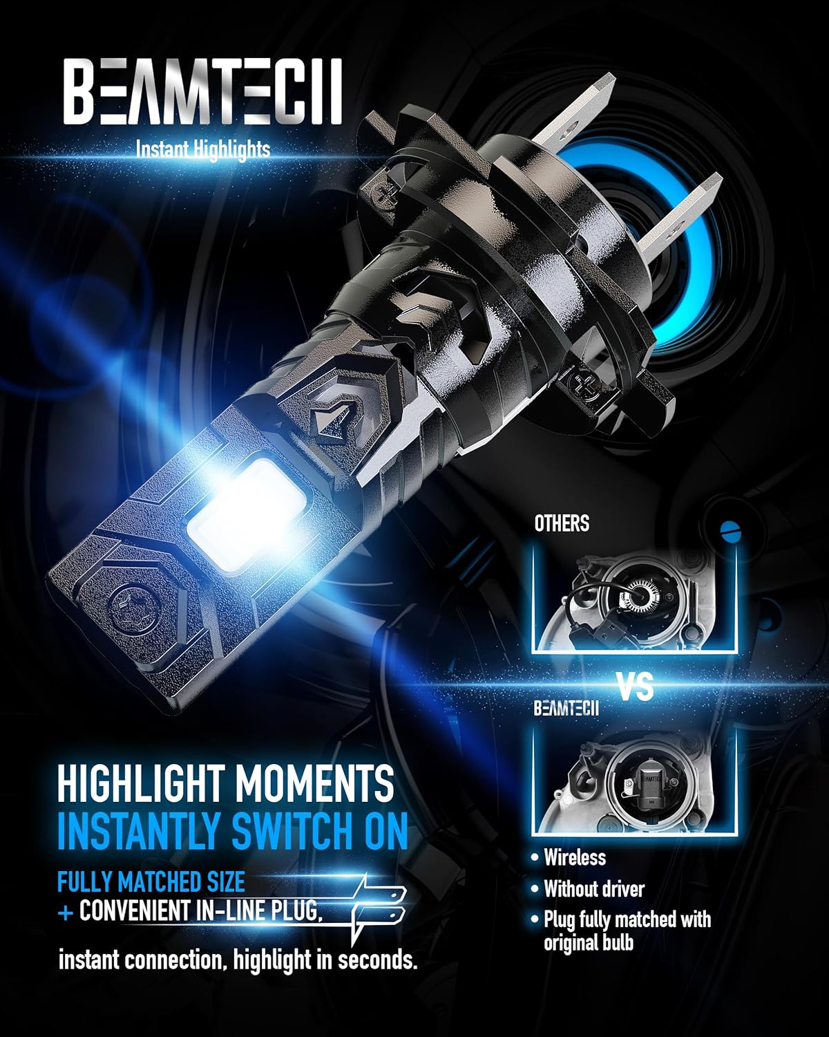 BEAMTECH H7 Light Bulb, No Adapter Need High Speed Fan 6500K Xenon White H7 Bulbs or Fog Lights Pack of 2