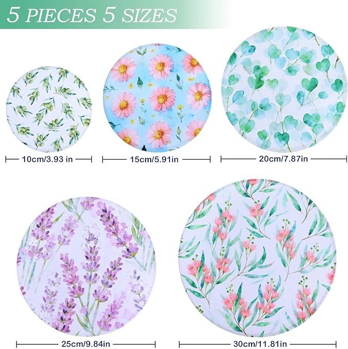 5 Pieces Bowl Covers Reusable, 5 Size Elastic Cloth Bowl Covers for Bread Proofing Stretch Food Covers Washable for Food Fruits Leftover (Pink Floral Eucalyptus leaves)