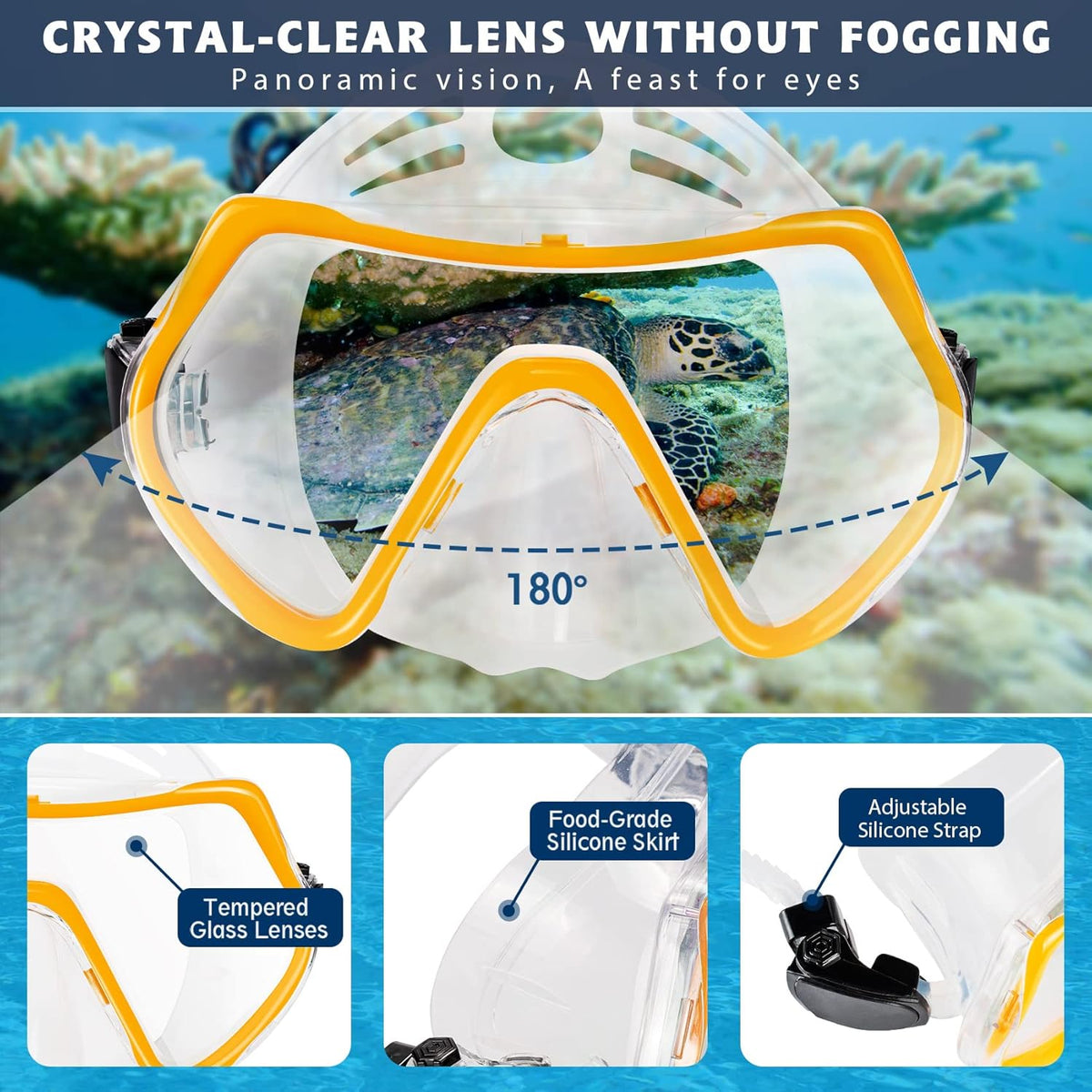 ZEEPORTE Mask Fin Snorkel Set, Travel Size Snorkeling Gear for Adults with Panoramic View Anti-Fog Mask, Trek Fins, Dry Top Snorkel and Gear Bag for Swimming Training, Snorkeling Kit Diving Packages