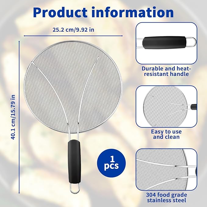 Splatter Screen for Frying Pan - 10’’ Stainless Steel Grease Splatter Guard with Grip Handle- Ultra Fine Mesh Cover Oil Splash when Sizzling Bacon, Cooking Fried Chicken or Popcorn