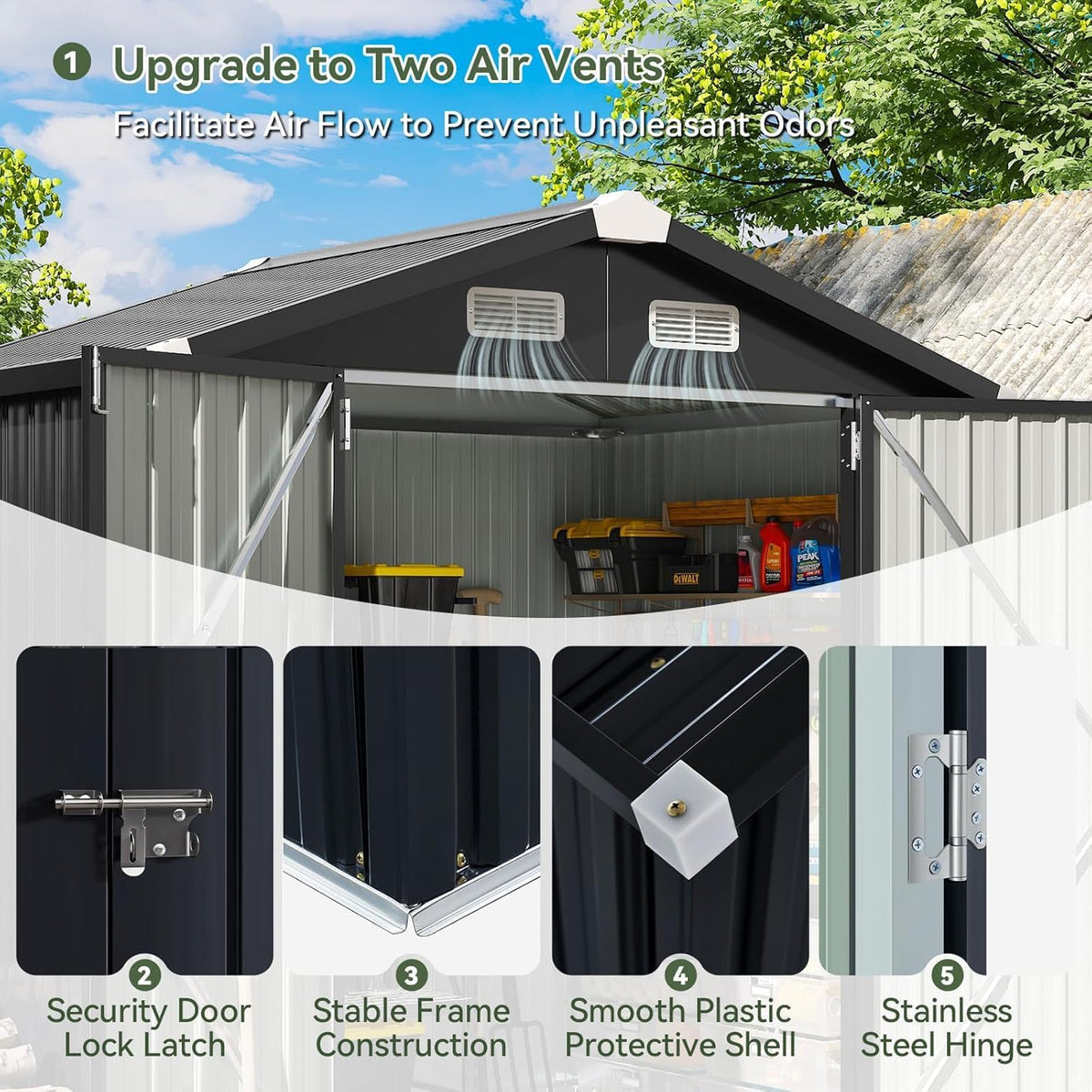 Aoxun 6.2x4 FT Shed Outdoor Galvanized Storage Shed with Large Lockable Doors for Lawn, Backyard, Patio (Black)