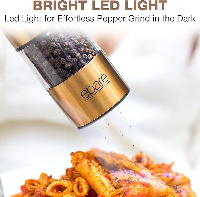 Eparé Brass Salt and Pepper Mill - Battery Operated Gold Pepper Grinder with Ceramic Burr - Automatic Steel Peppermills With LED Light - Gold or Brass Color