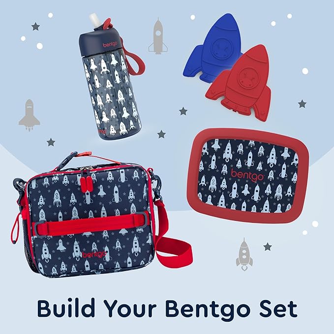 Bentgo Kids Lunch Bag - Durable, Double-Insulated Lunch Bag for Kids 3+; Holds Lunch Box, Water Bottle, & Snacks; Easy-Clean Water-Resistant Fabric & Multiple Zippered Pockets (Rocket)