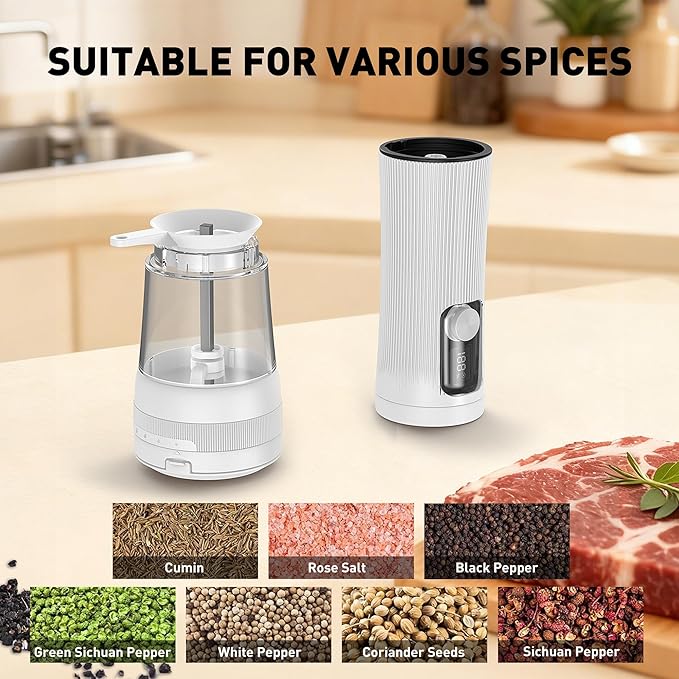 Electric Salt and Pepper Grinder Set, Upgrade 2-Speed Setting, External 5 Adjustable Coarseness, Rechargeable Automatic Salt & Pepper Shakers Mill with Battery Display, Storage Base & Led Light, White