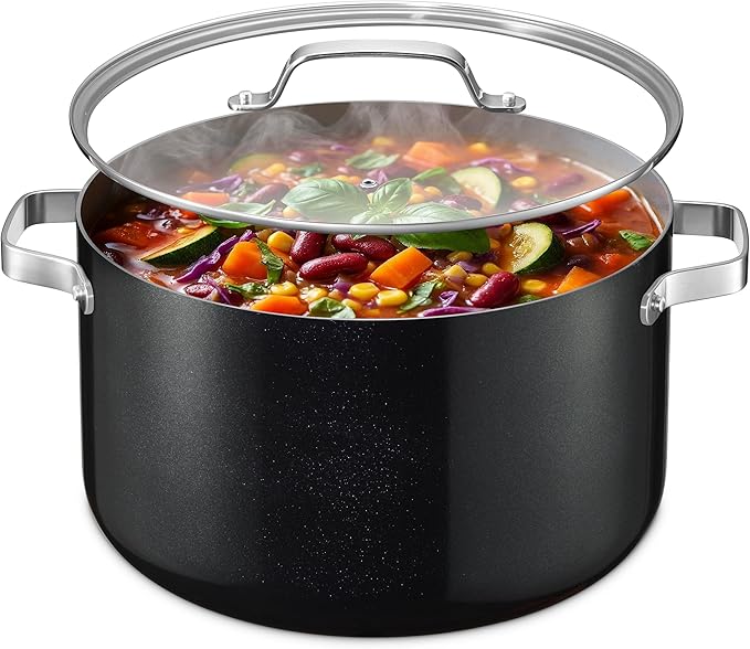 Bakken 16 Quart Ceramic Coated Stock Pot with Lid, Easy Clean Nonstick Pot, Tempered Glass Lid, Riveted Stainless Steel Handles, Oven Safe Up To 500°F, PTFE & PFAS Free, All Stove Compatible, Black
